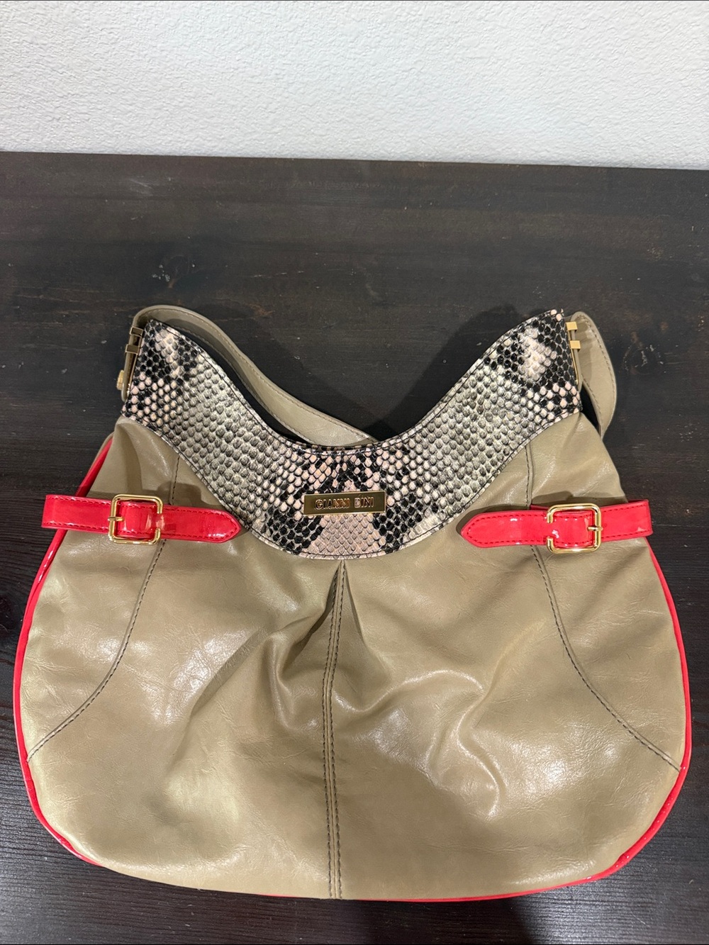 Gianni Bini Taupe and Red Hobo Bag with Snake-Print Accent